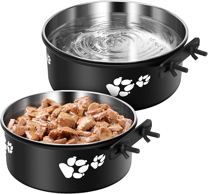 Dog Crate Bowls Hanging 2 Pack, ShineMe Hanging Food and Water Bowl for Dog Cage, Crate, Kennel - No Spill Metal Feeder Crate Bowls for Large and Medium Dogs (7.1x2.9” & 6.2x2.6”)