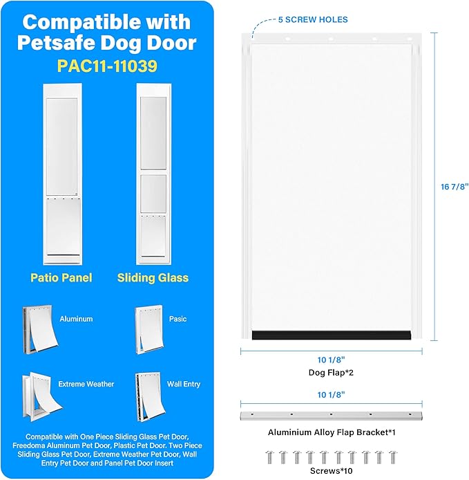 2 Pack Large Dog Door Replacement Flaps and 1 Metal Bracket with Screws, Compatible with Petsafe Freedom Doggie Doors, PAC11-11039 10 1/8" X 16 7/8" Magnetic Closure,Flexible (Frosted Transparent)