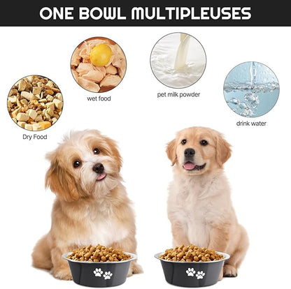 YUDANSI Dog Bowls 2 Pack Small Medium Dogs Feeding Food Water Bowl with Non-Slip Silicone Sole, Stainless Steel Dog Dishes Elevated Raised Pet Feeder(Black, L(6.6 Cups)