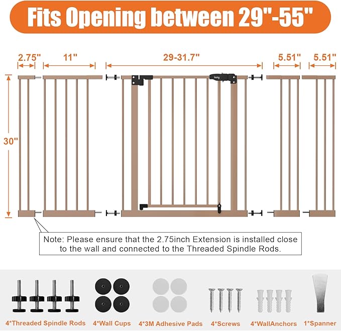 keny 29"-55" Extra Wide Baby Gate, Pressure Mounted No Drilling Dog Gate for Stairs Doorways, Easy Walk Through Safety Gate for Babies or Pets, 30" Tall, Brown