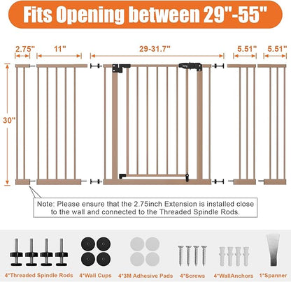 keny 29"-55" Extra Wide Baby Gate, Pressure Mounted No Drilling Dog Gate for Stairs Doorways, Easy Walk Through Safety Gate for Babies or Pets, 30" Tall, Brown