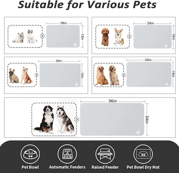 HotLive Dog Food Mat - Absorbent Cat Mat for Food and Water, No Stains Pet Feeding Bowl Mat, Easy to Clean Pet Placemats, Quick Dry Dog Water Dispenser Mat for Messy Drinkers | Paw Light Grey 24"x36"