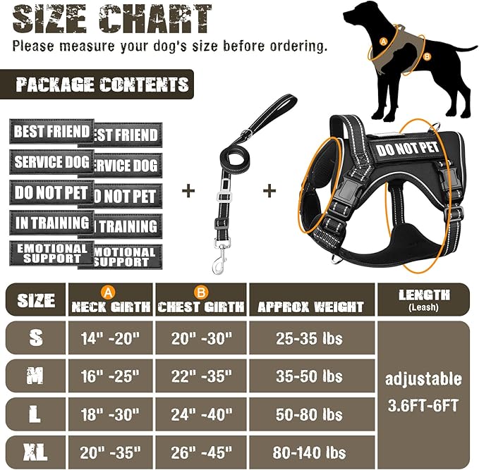Tactical Dog Harness and Leash Set for Large Dogs,Heavy Duty No Pull Service Dog Vest and 10 Patches with Dog Seat Belt,Reflective Adjustable Pet Harness for Training Walking Hiking Black XL