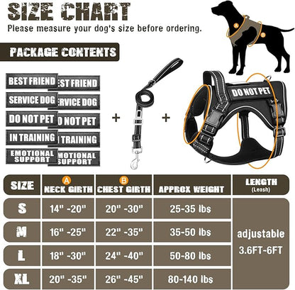 Tactical Dog Harness and Leash Set for Large Dogs,Heavy Duty No Pull Service Dog Vest and 10 Patches with Dog Seat Belt,Reflective Adjustable Pet Harness for Training Walking Hiking Black XL