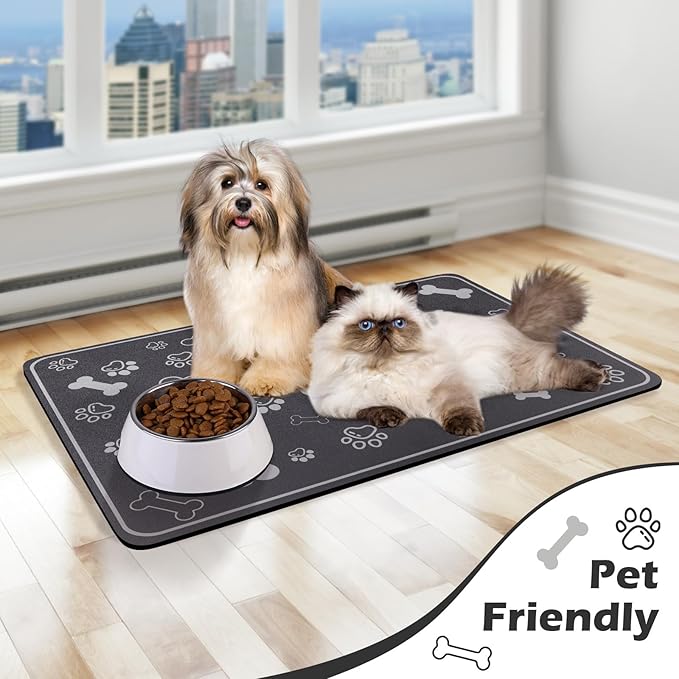 Pet Feeding Mat,Rapid Absorbent Mats for Dog Cat Food, Dog Placemat Water Bowl Mat with Rubber Backing,Messy Drinkers to Protect Floors, Pet Accessories 12"x18" Dark Grey
