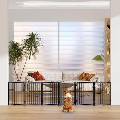 SNUOWU Full Metal Freestanding Dog Gate with Door, 24'' Height Foldable Pet Dog Fence for Indoor & Outdoor, 6 Panels Extra Wide Free Standing SmallDog Gates for Doorways,House,Stairs,Porch,Deck,Yard