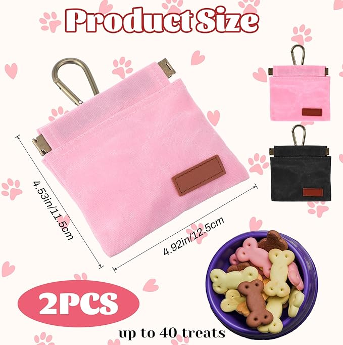 2 Pcs Dog Treat Pouch Hand Free Pet Training Pouch Canvas Training Bag with Carabiner Portable Pet Dog Walking BagSelf-Closing Pets Feed Snack Reward Behavior Aids for Puppy Travel Outdoor Pink Black