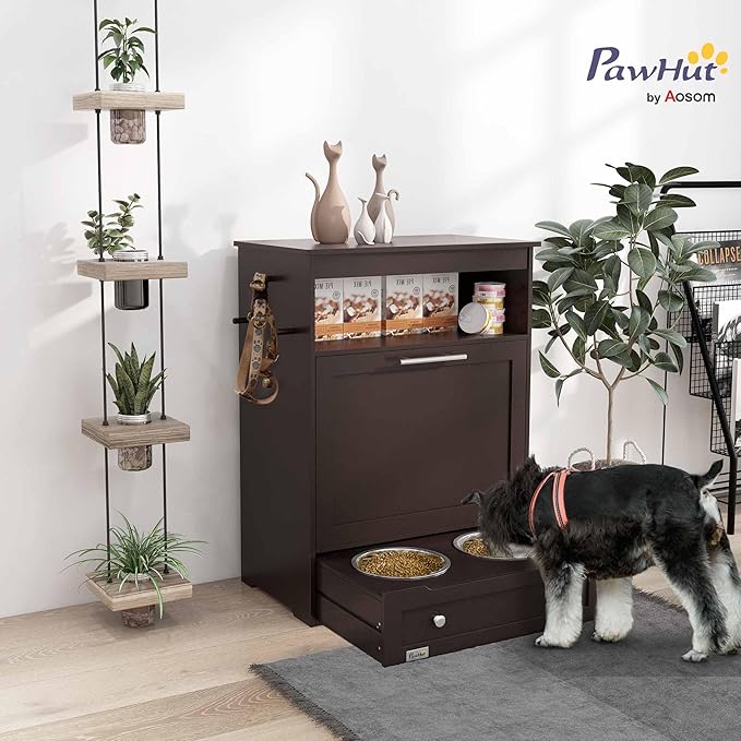 PawHut Dog Feeding Station with Raised Bowls & Storage Cabinet, Pet Feeder Cabinet Container with Hanger for Feeding & Watering Supplies, Dog Food Organizer, Brown