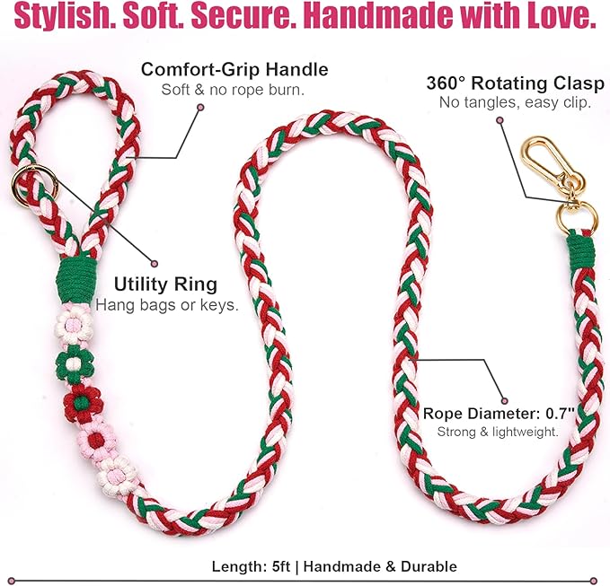 Handmade 5ft Braided Cotton Dog Leash with Unique Floral Handle, Durable and Stylish, Ideal for Small to Large Dogs,Strawberry