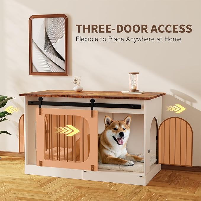 XXL Dog Crate Furniture, 47.2 Inches White Kennel Furniture with Cushion Decorative Farmhouse Crate Indoor Thick Wooden Pet House End Table Modern Cage Furniture for Medium/Large Dog