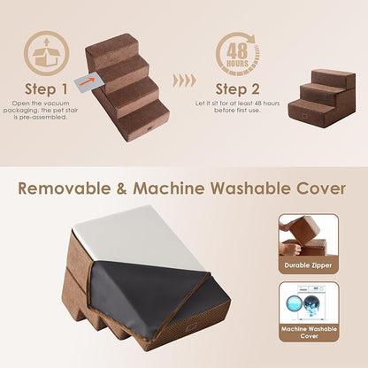 EHEYCIGA Dog Stairs for Small Dogs 13.5" H, 3-Step Dog Steps for Couch Sofa and Chair, Pet Steps for Medium Cats, Non-Slip Balanced Pet Ramp Indoor, Brown