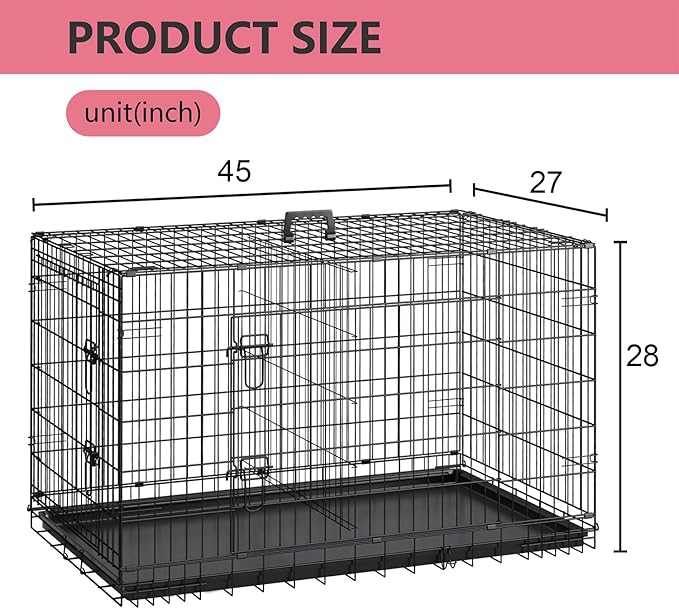 FDW 45 Inch Dog Crate for Large Dogs, Folding Metal Cage with Double Door & Leak-Proof Tray, Black