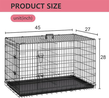 FDW 45 Inch Dog Crate for Large Dogs, Folding Metal Cage with Double Door & Leak-Proof Tray, Black