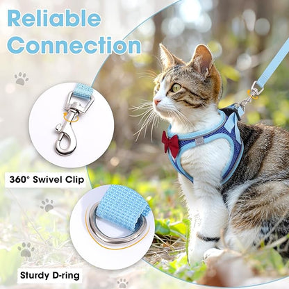 Cat Vest Harness and Leash Set for Walking, Escape Proof, Adjustable Kitten Harness Breathable Mesh with Reflective Strips, Detective Conan-Inspired Design with Glasses and Bow, Blue, L