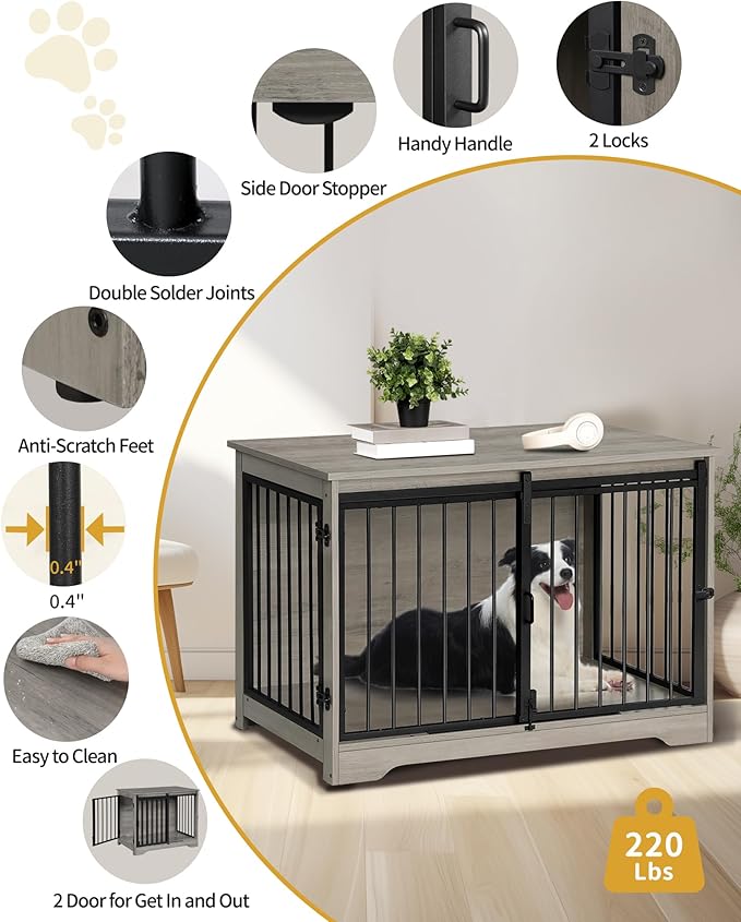Hzuaneri 39.4" Heavy Duty Dog Crate Furniture with Barn Door, Wood Indoor Dog Crate Kennel for Small/Medium/Large Dogs, End Side Table, TV Stand, Greige Black DFC02305B