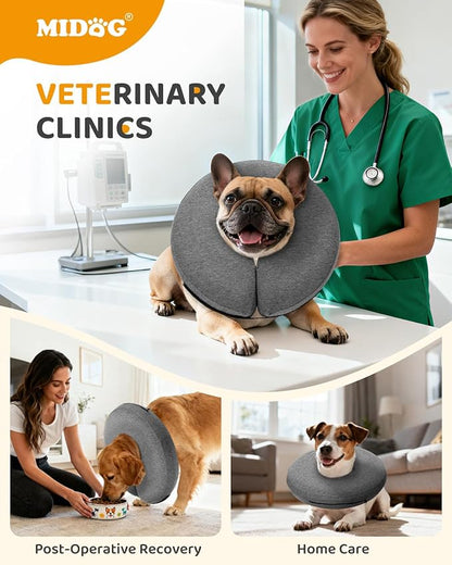 MIDOG Inflatable Dog Cone Collar – Soft Dog Cone Alternative After Surgery, Comfortable Recovery Neck Donut ECollar for Small Medium & Large Dogs and Cats to Stop Licking & Vision-Friendly (Grey,M)