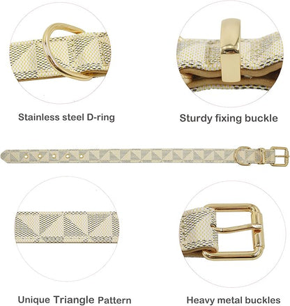 Leather Dog Collar and Leash Set, Check Pattern Dog Collar Leashes Metal Buckle Adjustable Durable for Small Medium Large Dogs (White, S(11.4-13.4IN))