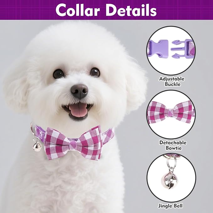 EXPAWLORER Cute Dog Harness Collar Leash Set - Purple Girl Dog Harness Checkered Step-in Design, Detachable Bow Pet Collar, Adjustable No-Choke Lightweight Mesh Vest for Cats Puppy Small Dogs, XS