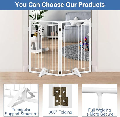 Metal Free Standing Dog Gate with Cat Door for Indoor/Outdoor,40" Extra Wide Foldable Pet Gate,32" Tall Foldable Indoor Dog Fence for Large Openings Stairs,Deck,Yard,Doorways(2 Panels,White)