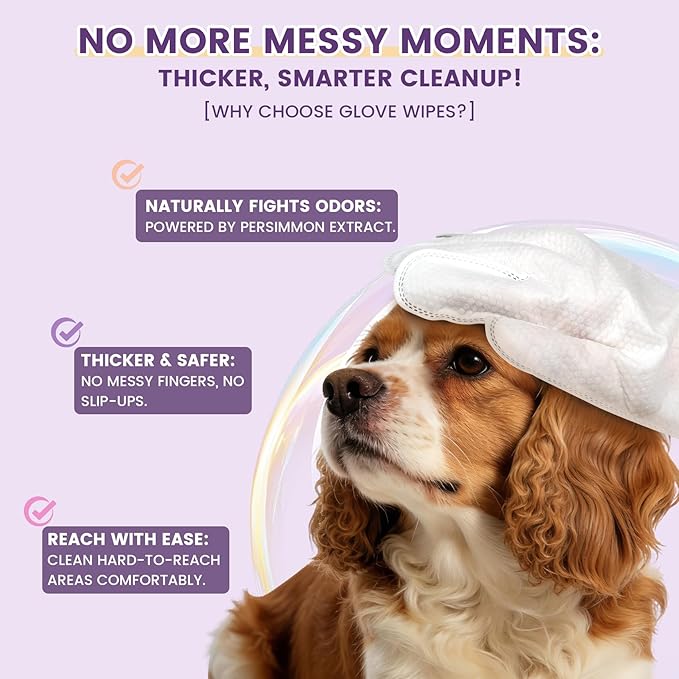 IMMHABI 100 Pcs Cleaning Deodorizing Pet Glove Wipes for Dogs & Cats, Hypoallergenic Dog Bath Wipes with Natural Deodorizer Persimmon Tannin, Pet Bathing Wipes for Horse Coat Care Lavender Scent