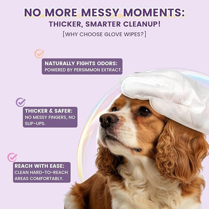 IMMHABI 50 Pcs Cleaning Deodorizing Pet Glove Wipes for Dogs & Cats, Hypoallergenic Dog Bath Wipes with Natural Deodorizer Persimmon Tannin, Pet Bathing Wipes for Horse Coat Care Lavender Scent