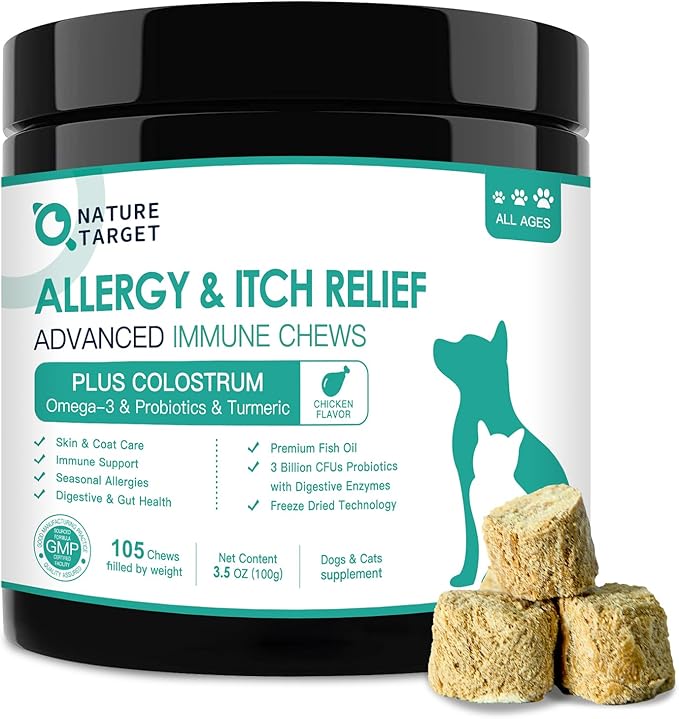 NATURE TARGET Dog Allergy Chews - Dog Allergy Relief, for Skin, Coat, Anti-Itch, Seasonal Allergies, Scratching, Pawlicking, 105 Freeze Dried Chews