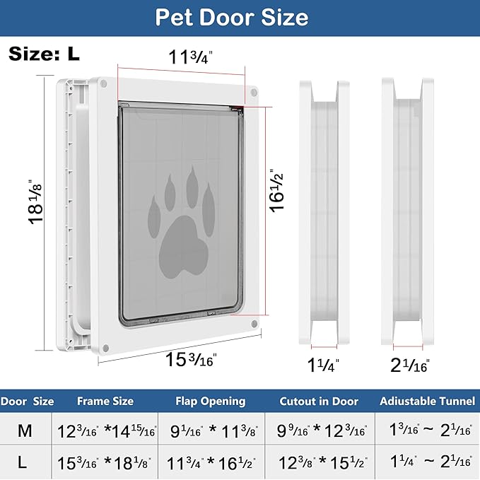 CEESC Large Dog Door for Pets Up to 100 lb, Weatherproof Pet Door for Cats and Dogs, Durable, Snap-in Closing Panel Included, Suitable for Interior and Exterior Doors (Large, White)