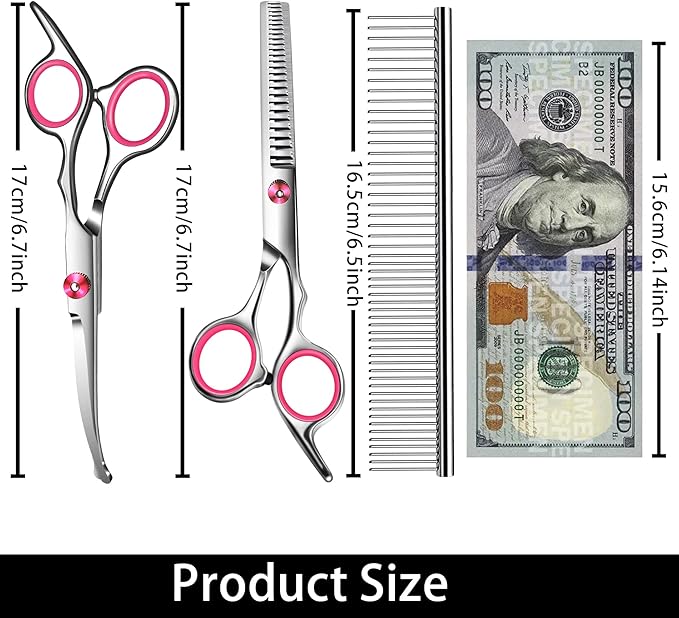 Dog Grooming Scissors with Safety Round Tip,Pet Grooming scissors Kit,Dog Shears for Grooming,Incude Thinning,Curved Grooming Scissors and Comb for dogs, cats.Suitable for The Right Hand