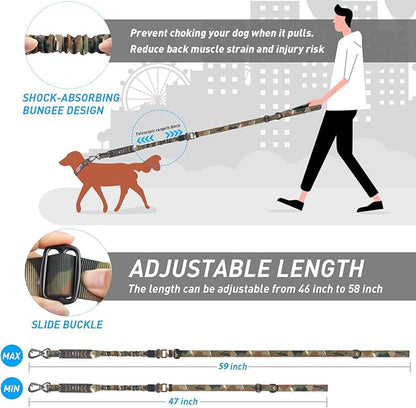 Hotsky Tactical Dog Leash Heavy Duty for Medium Large Dogs that Pull,4-6Ft Strong Bungee Shock Absorbing No Pull Dog Leash with Padded Double Handle and Car Seatbelt,CP