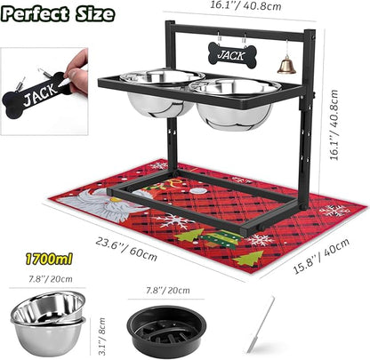 SHAINFUN Elevated Slow Feeder Dog Bowls with Mat, Adjustable Height, Tall Raised Dog Food Water Bowl Stand for Large & Medium Dogs
