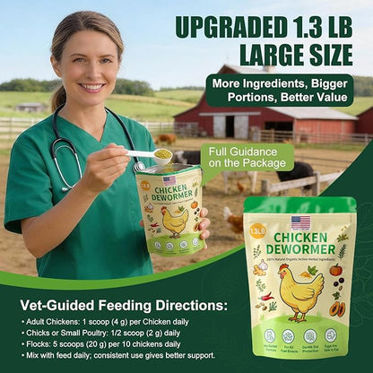 Natural Chicken De-wormer Powder (1.3 LB) | All-Natural Herbal Poultry Wormer for Laying Hens | Egg-Safe & Gentle for All Ages | Made in USA