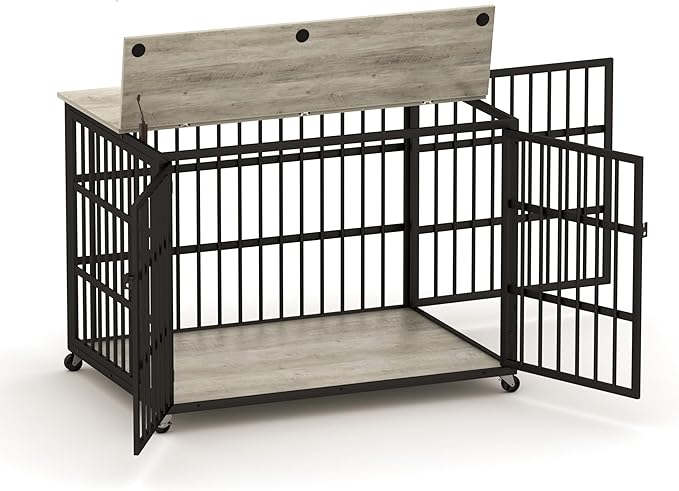 Aoowow Dog Crate Furniture for Small Medium Dogs, 43.3" Dog Kennel Indoor End Table with Side Doors, Iron Heavy Duty Dog Cage with Wheels, Grey