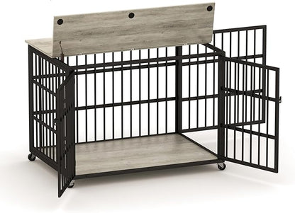 Aoowow Dog Crate Furniture for Small Medium Dogs, 43.3" Dog Kennel Indoor End Table with Side Doors, Iron Heavy Duty Dog Cage with Wheels, Grey
