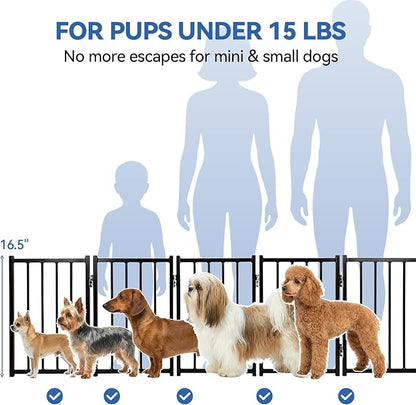 BFNN Metal Short Dog Gate, 16.5" High to Step-Over, Free Standing Foldable Pet Gate, Up to 96" Wide Puppy Fence for Stairs and Doorways, Indoor & Outdoor Use, No Drilling and No Assembly, Black