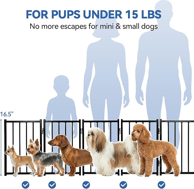 BFNN Free Standing Dog Gate, 16.5" Short Pet Gate for Stairs and Doorways, Up to 48" Wide Foldable Puppy Fence, Indoor & Outdoor Use, No Drilling and No Assembly, for Small & Toy Dogs, Black