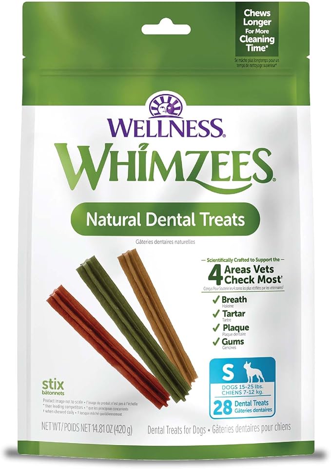 Whimzees Wellness Stix Dog Dental Treat, Chews, Freshens Breath, Small Size Sticks, 14.81 oz Bag, 28 Count