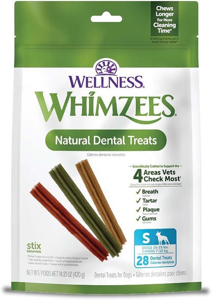Whimzees Wellness Stix Dog Dental Treat, Chews, Freshens Breath, Small Size Sticks, 14.81 oz Bag, 28 Count