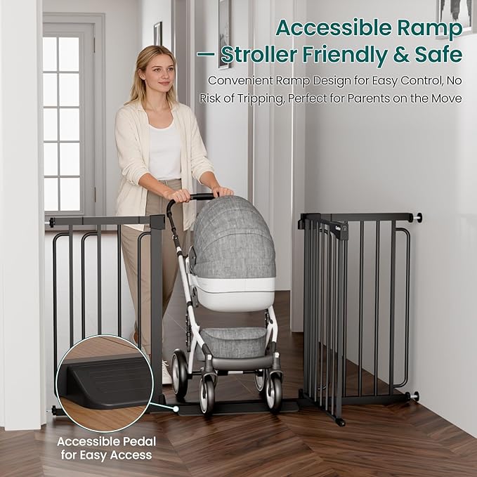 Cumbor 30.4-56.8" Extra Wide Baby Gate for Stairs, Dual Lock & Self-Closing Dog Gate Indoor, Easy Install Pet Gate for Doorways & Wide Openings, Easy Walk Thru Safety Proofing for Babies & Pets, Black