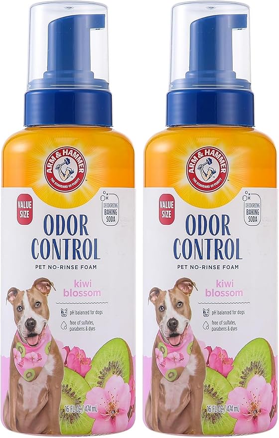 Arm & Hammer for Pets Odor Control Pet No-Rinse Foam with Baking Soda, Kiwi Blossom Scent, Best Odor Eliminating Foam for Dogs and Puppies; Waterless Dog Deodorizer, 16 Fl Oz (Pack of 2)