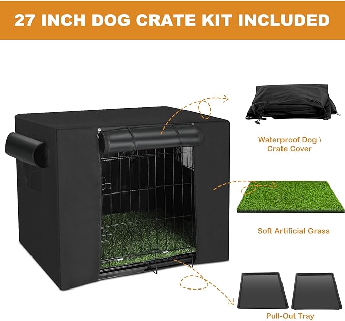 Dog Crates Kit with Artificial Grass and Dog Crates Cover, 27 Inch Double Door Collapsible Metal House for Dogs and Cats, Dog Cage with Leak-Proof Pan Tray, Travel, Indoor and Outdoor Dog Kennel