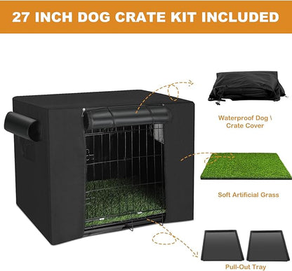 Dog Crates Kit with Artificial Grass and Dog Crates Cover, 27 Inch Double Door Collapsible Metal House for Dogs and Cats, Dog Cage with Leak-Proof Pan Tray, Travel, Indoor and Outdoor Dog Kennel