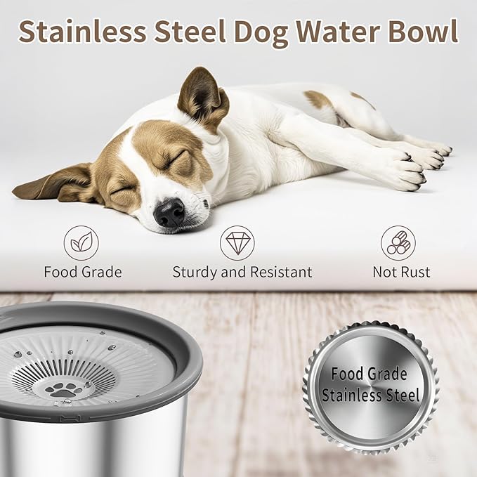 2.5L Dog Water Bowl 101oz Stainless Steel Water Bowls for Dogs No Splash Pet Water Dispenser with Non-Slip Base for Dogs and Cats 2.5L+2 Filters