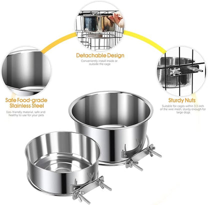 3 Pcs Large Pet Dog Food Water Bowl for Cage Stainless Steel Kennel Hanging Cats Pets Bowls with Clamp Holder Crate Feeder Dish for Medium Large Dogs (7.1x3.5'' & 6.3x2.6'' & 5.5x3.1'')