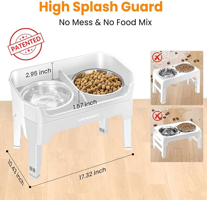 URPOWER 3-in-1 Elevated Dog Bowls - Mess Proof Double Deck 4 Height Adjustable Raised Stand with 2 Stainless Steel Food Bowls & Licking Plate for Small, Medium & Large Dogs