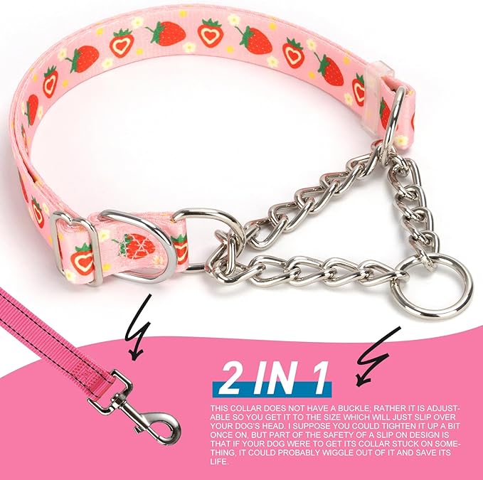 Pink Strawberry Martingale Dog Collar with Chain - No-Pull Training Collar Soft & Durable Design for Medium, Large & XL Dogs (XL Strawberry)