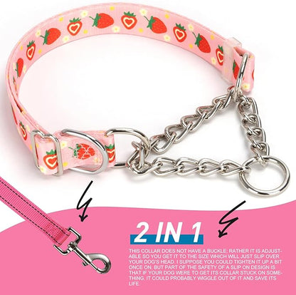 Pink Strawberry Martingale Dog Collar with Chain - No-Pull Training Collar Soft & Durable Design for Medium, Large & XL Dogs (XL Strawberry)