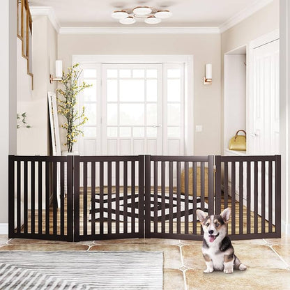 WELLAND 24" Freestanding Pet Gate, Foldable Wooden Dog Gate, 4 Panel Step Over Fence, Indoor Puppy Gate, Expands Up to 80" Wide, Espresso