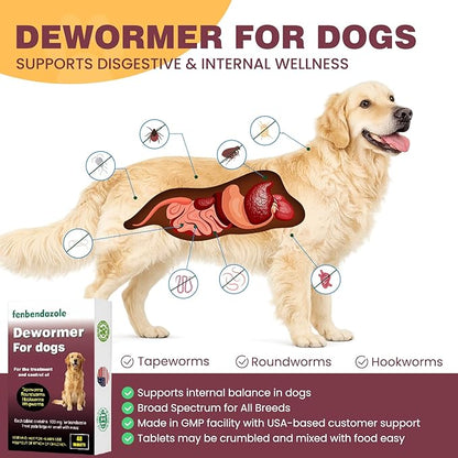 Dewormer for Dogs, Fenbendazole for All Wormers, Roundworms, Tapeworms, Whipworms and Hookworms, 48 Count