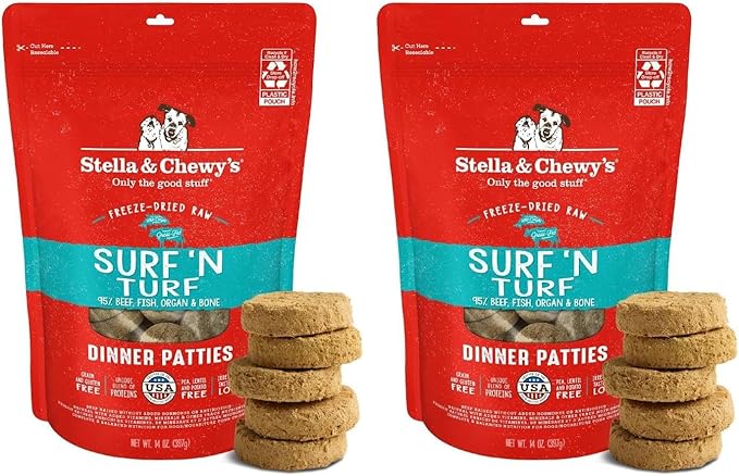 Stella & Chewy's Freeze-Dried Raw Dinner Patties - Surf 'N Turf Salmon & Beef Recipe - High Protein Grain-Free Puppy-& Dog Food - Perfect for Picky Eaters - 14 oz,(Pack of 2)
