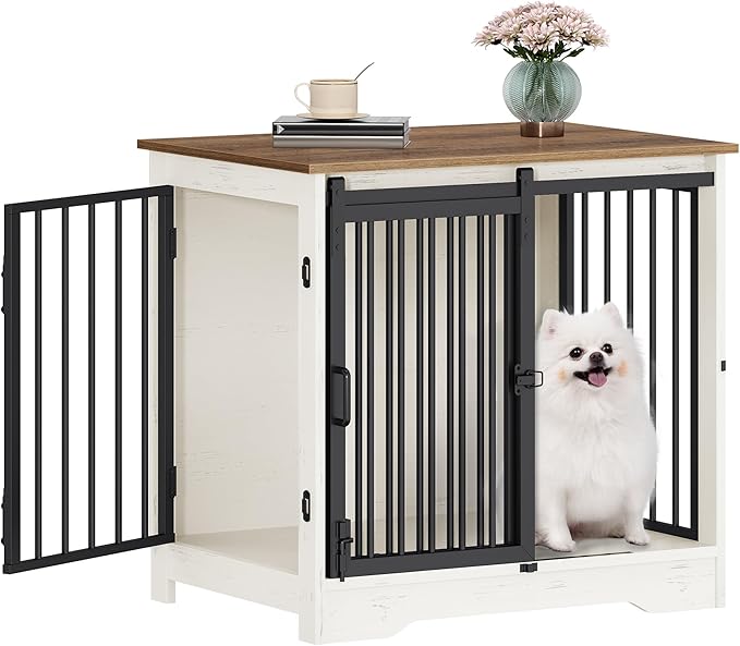 Hzuaneri 27.2" Dog Crate Furniture with Barn Door, Heavy Duty Dog Kennel Indoor with 2 Doors, Wooden Pet Cage End Table for Small Medium Dogs up to 22 lb, Anti-Chew Anti-Escape, White Brown DFC84314B